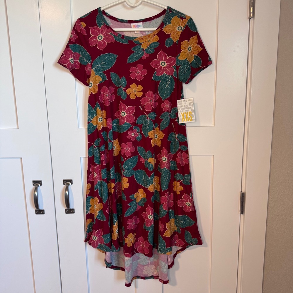 NWT LuLaRoe Carly Swing Dress Hi Low Hem Women's Size XXS Red with Floral Print